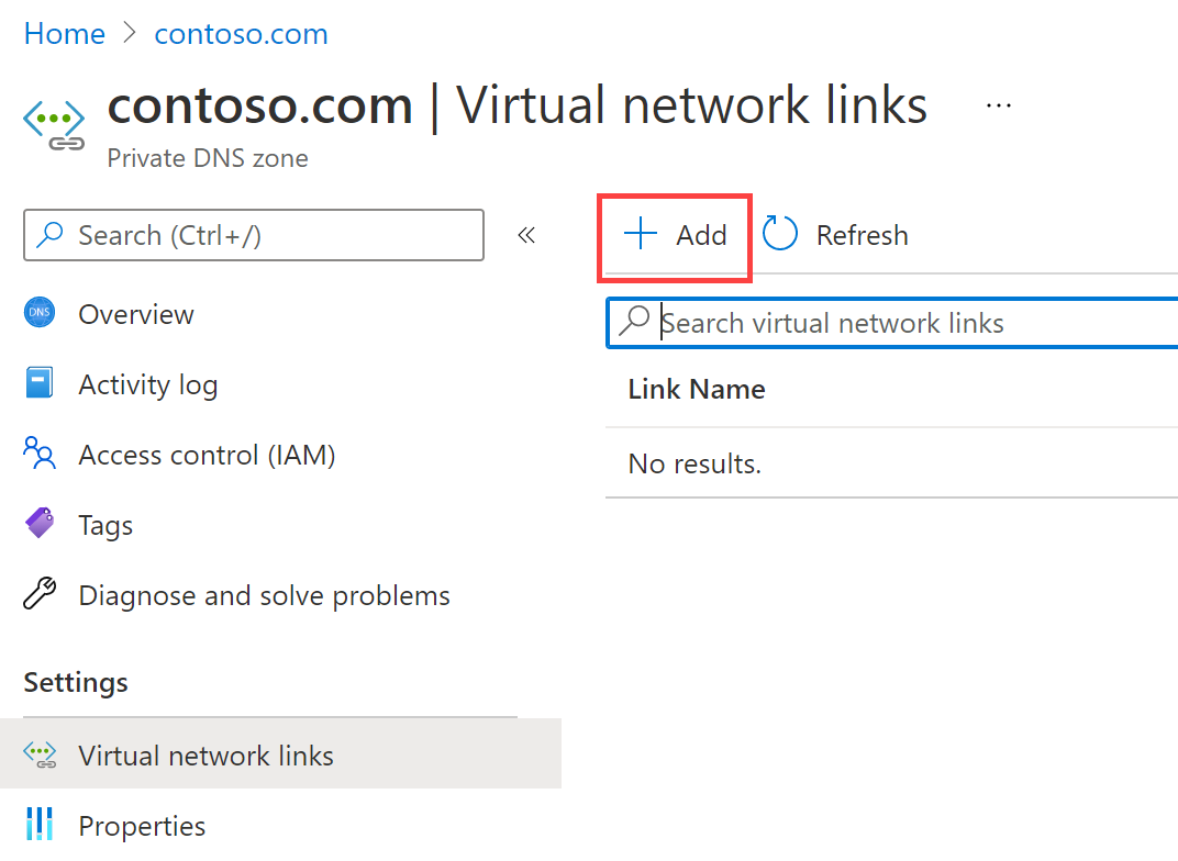 contoso.com | Virtual links with + Add highlighted.