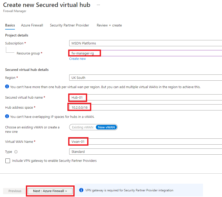 Create new secured virtual hub - Basics tab