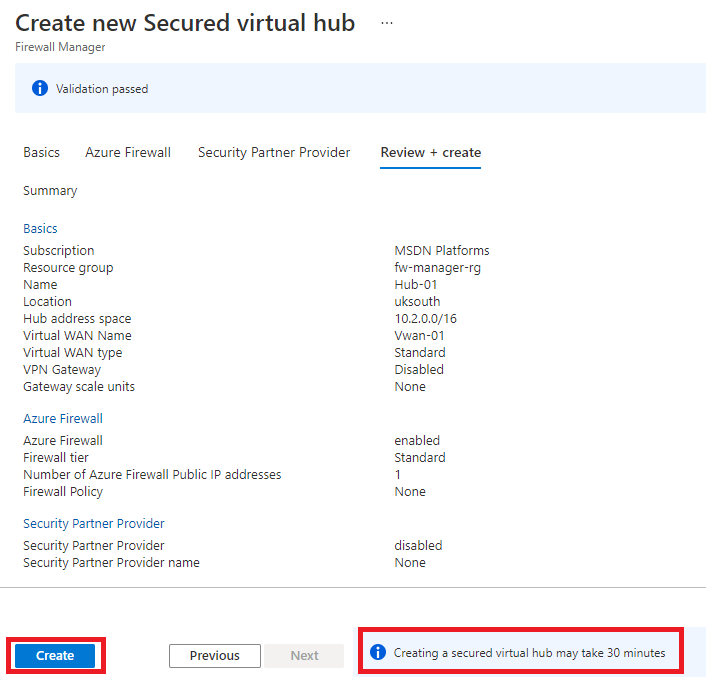 Create new secured virtual hub - Review + create tab