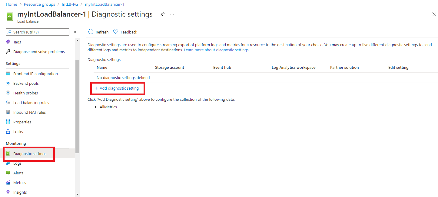 Diagnostic settings>Add diagnostic setting button highlighted
