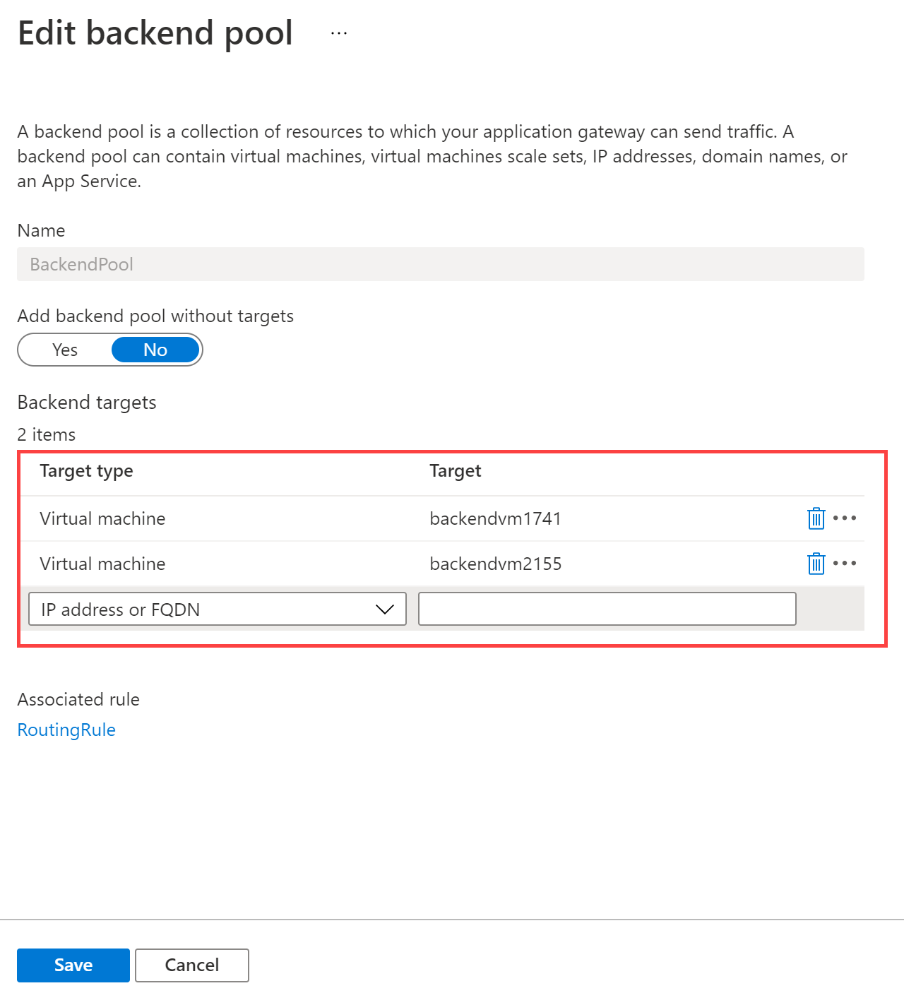Azure Portal add target backends to backend pool