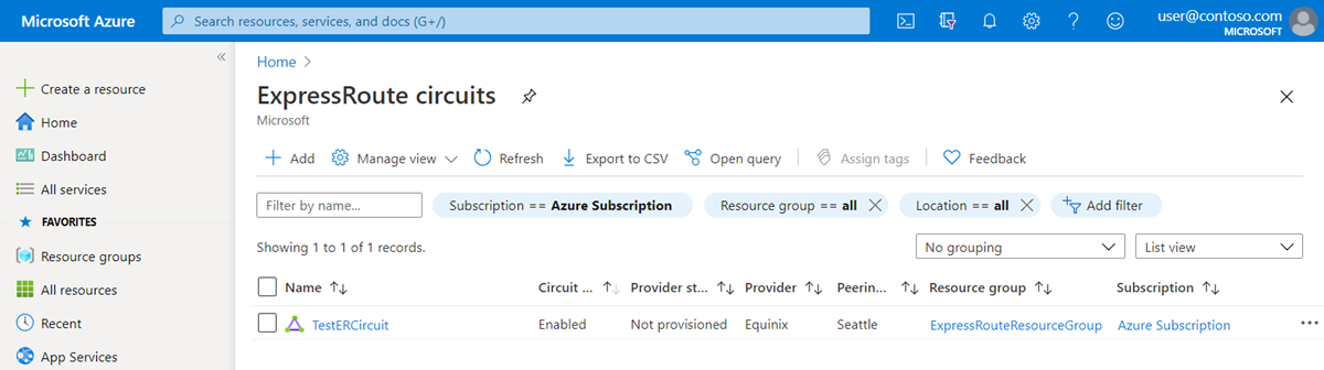 Azure portal - show existing Expressroute circuits