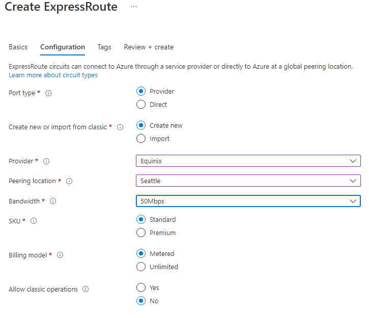 Azure portal - Create ExpressRoute configuration tab