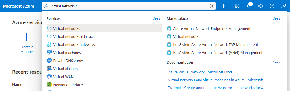 Azure portal home page Global Search bar results for virtual network.