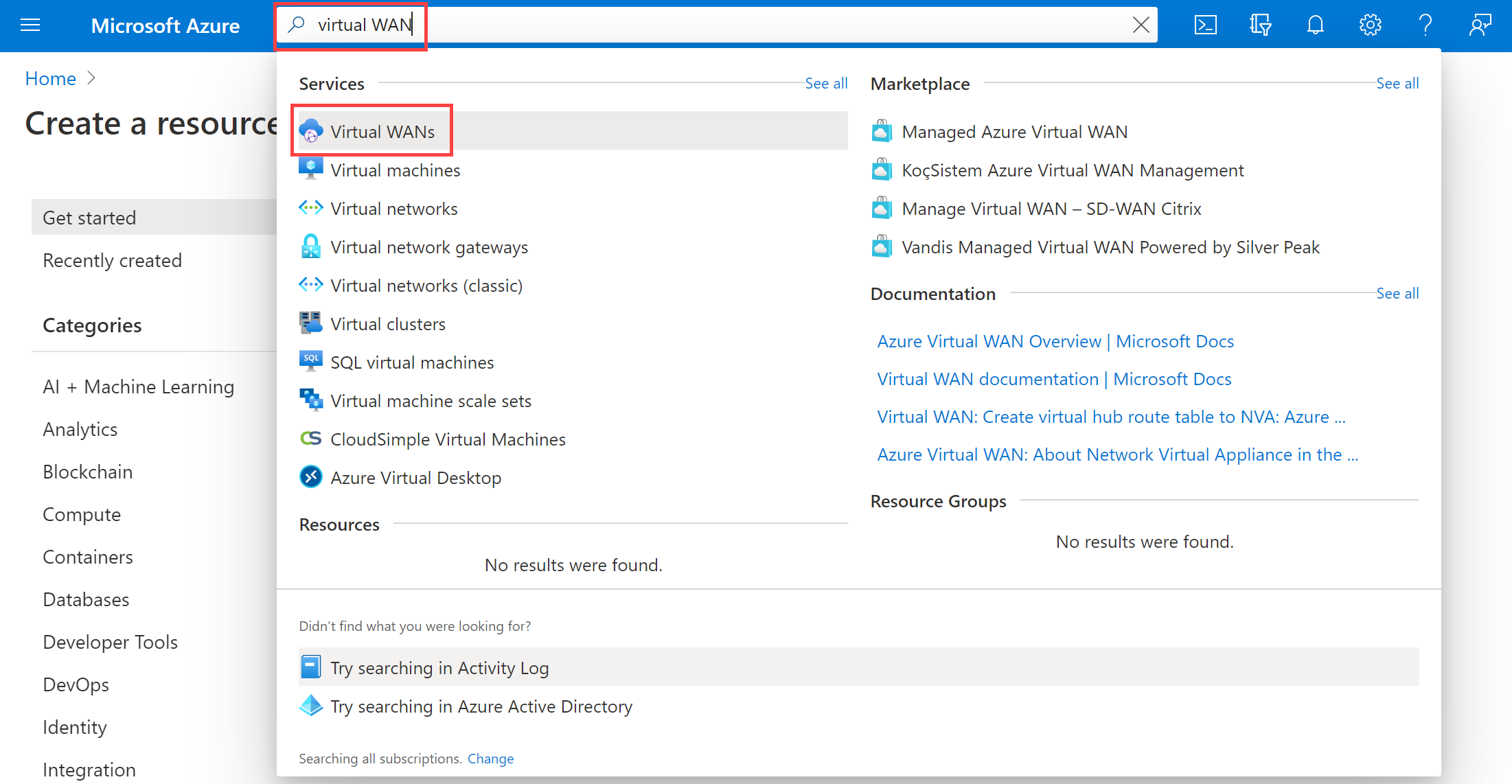 Search for Virtual WAN in Azure Portal.