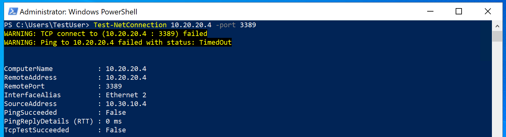 PowerShell window with Test-NetConnection 10.20.20.4 -port 3389 showing failed 