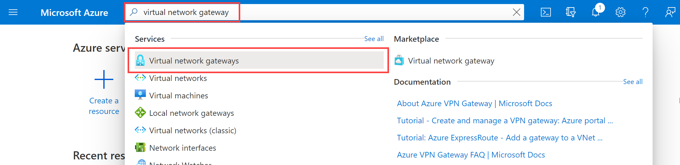 Search for virtual network gateway on Azure Portal.