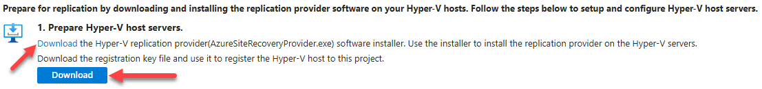 The Prepare Hyper-V host servers section with arrows identifying the replication provider link and registration key Download button.