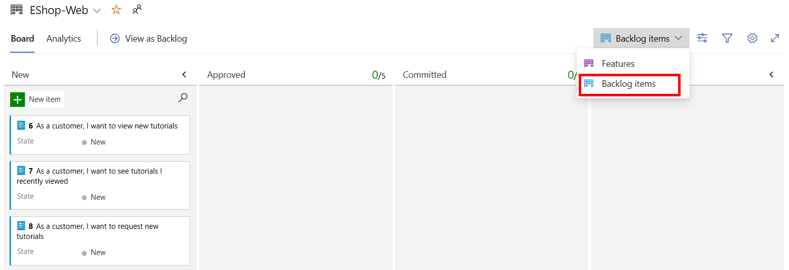 バックログ項目の表示のスクリーンショット。