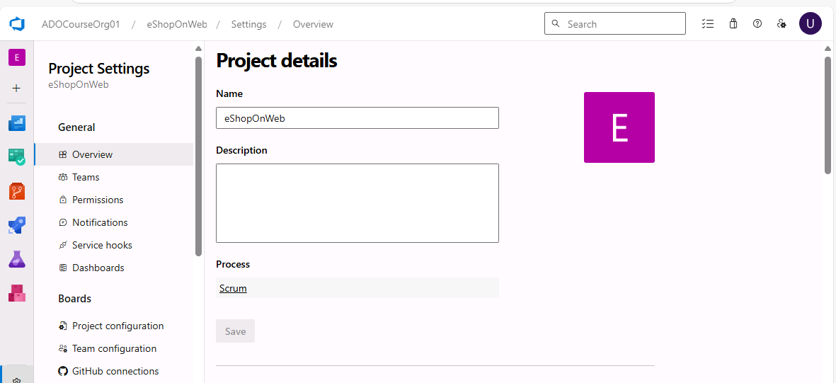Azure DevOps の設定ページのスクリーンショット。