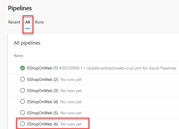 eShopOnWeb の実行を示す Azure Pipelines のスクリーンショット