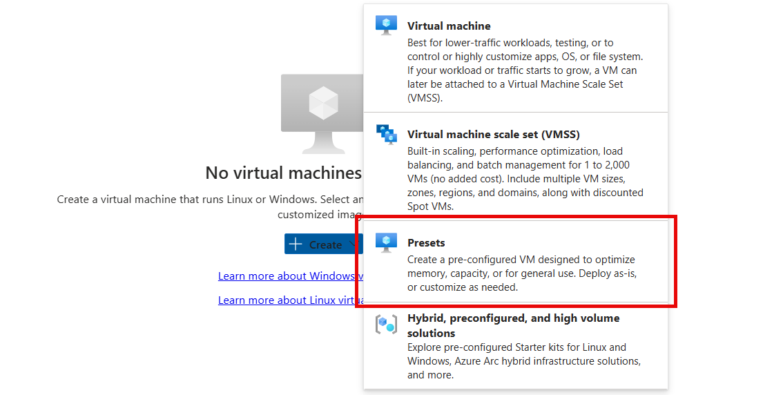 创建具有预设配置的虚拟机的屏幕截图。