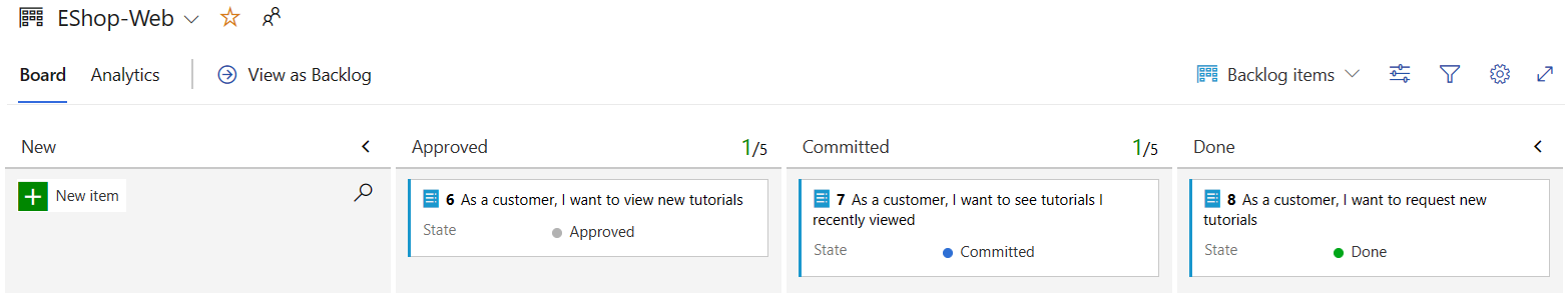 板的屏幕截图，其中的工作项已在前面的步骤中移动到指定的列。