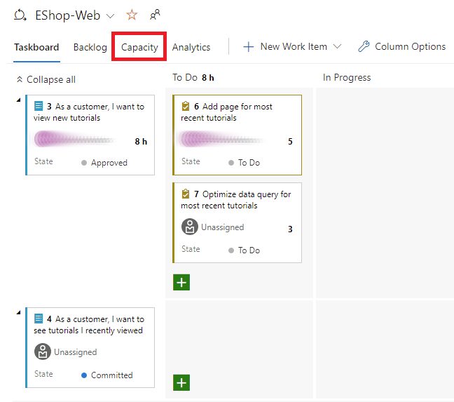 面板的屏幕截图，其中的工作项包含容量小时数。