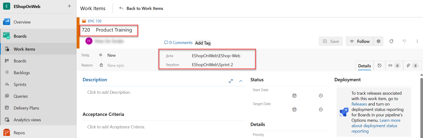 工作项详细信息的屏幕截图，包括标题、区域和迭代选项。