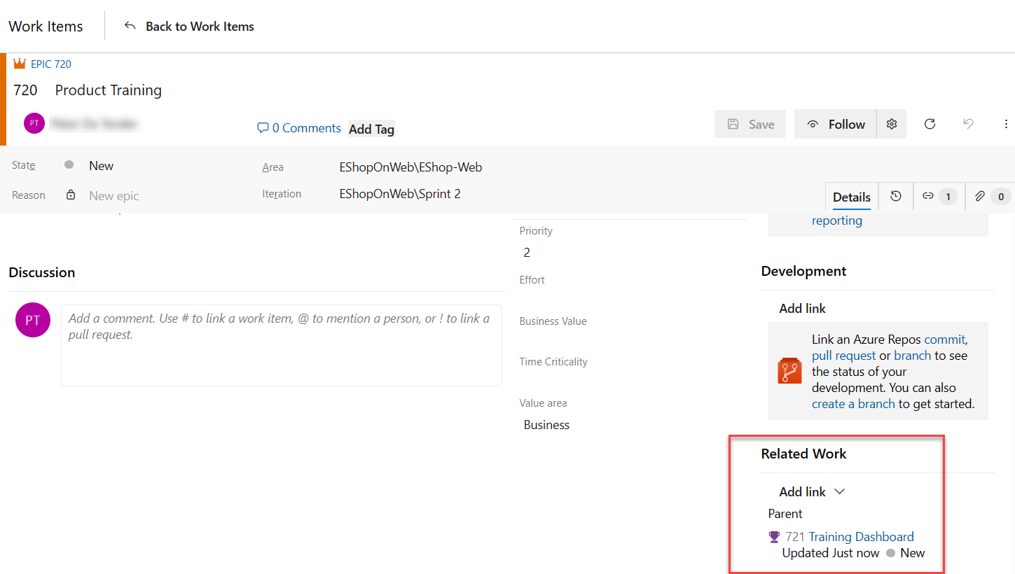 工作项相关工作区的屏幕截图。
