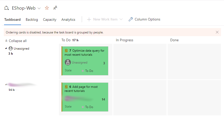 团队面板中任务样式的屏幕截图。