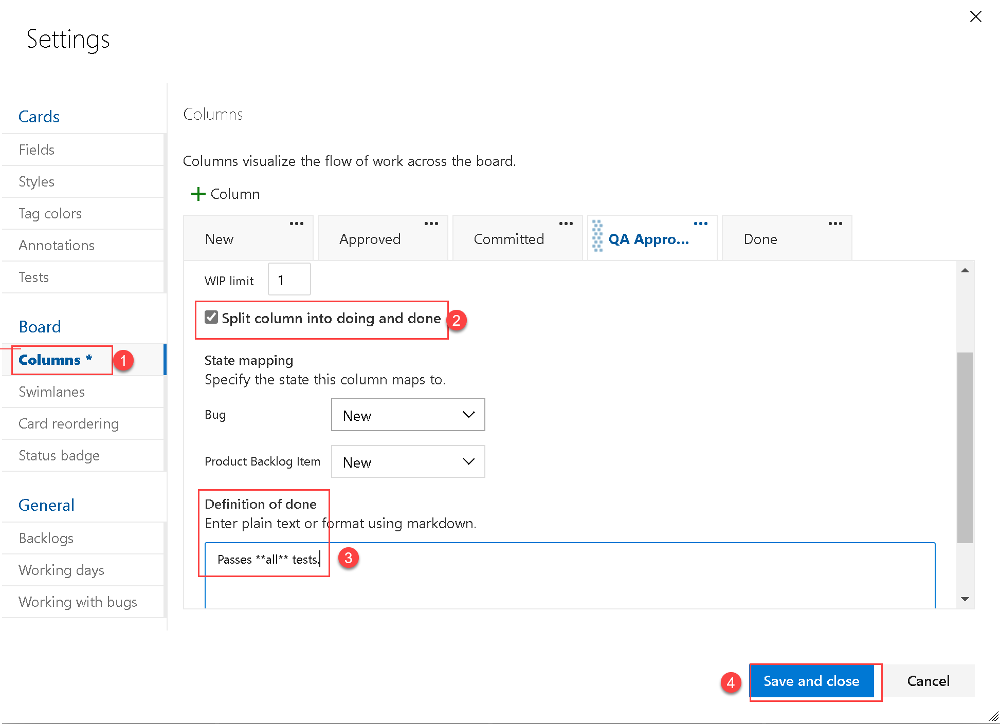 设置拆分列和完成的定义配置的屏幕截图。