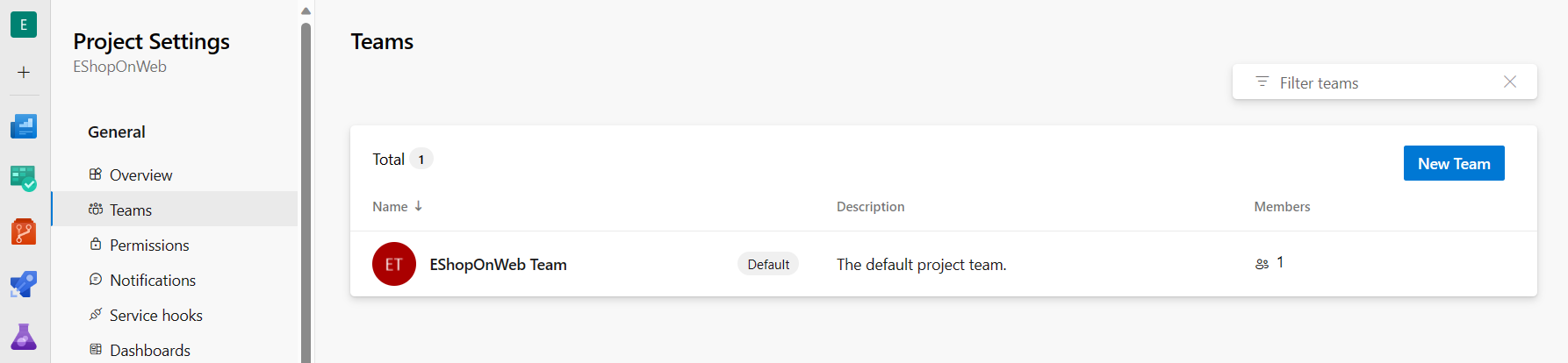 “团队项目设置”窗口的屏幕截图。