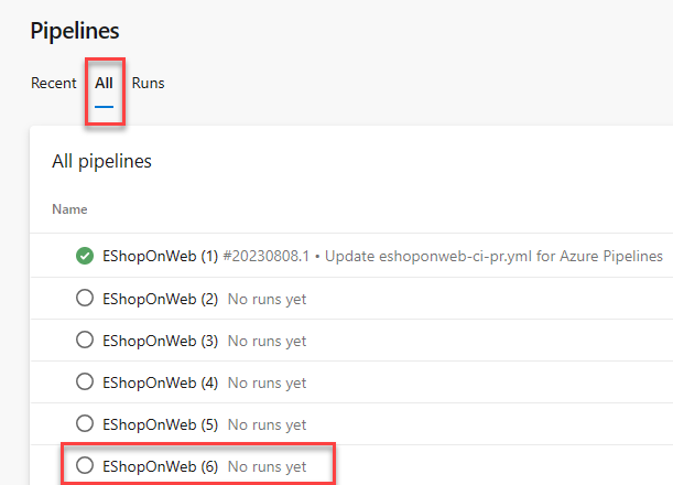 显示有 eShopOnWeb 运行的 Azure Pipelines 的屏幕截图。