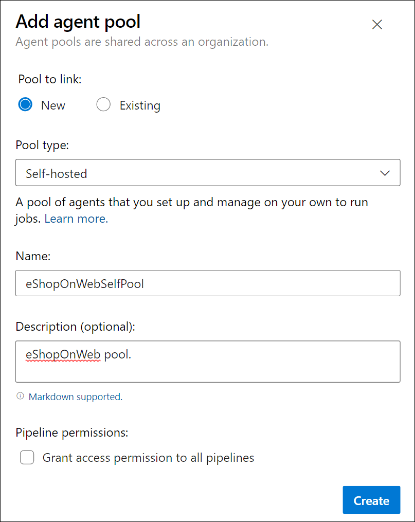 Screenshot showing add agent pool options with self-hosted type.