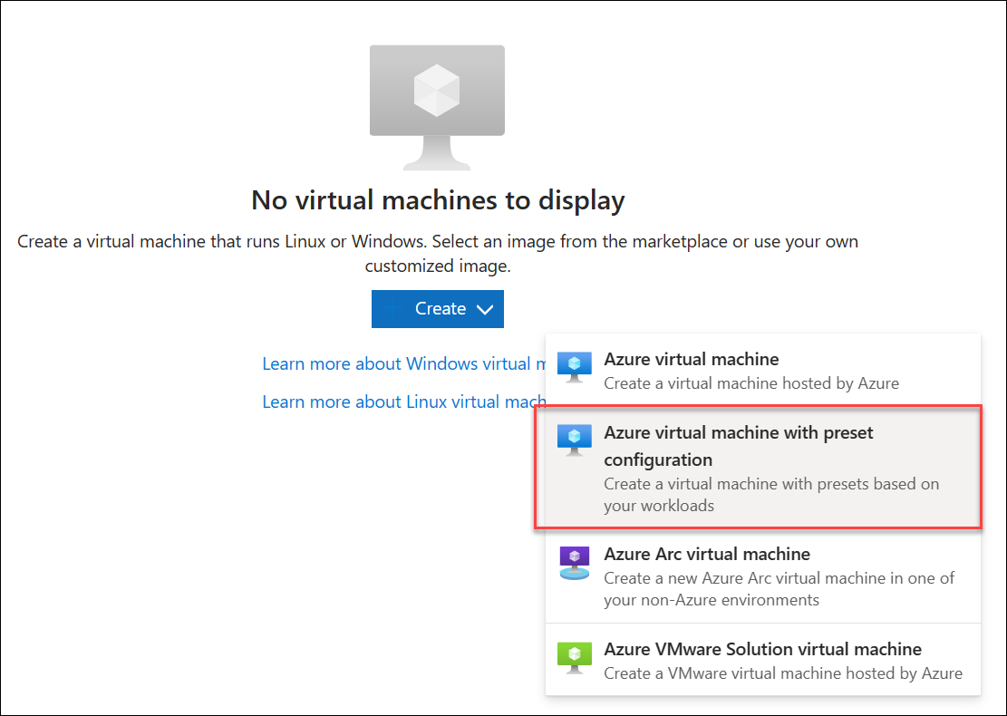 Screenshot of the create virtual machine with preset configuration.