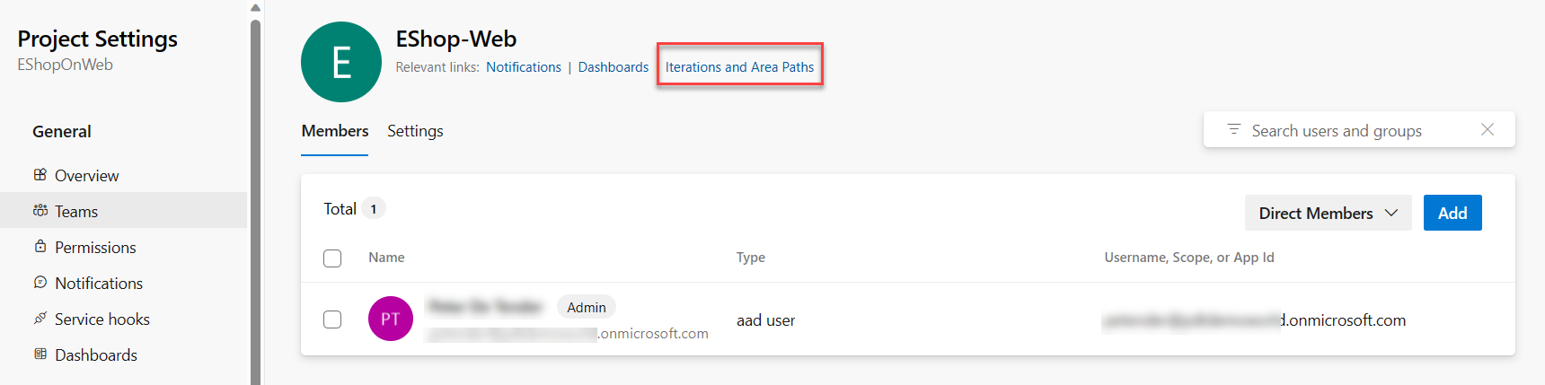 In project settings window, "Teams" tab, "EShop-WEB" team, click on "Iterations and Area Paths"