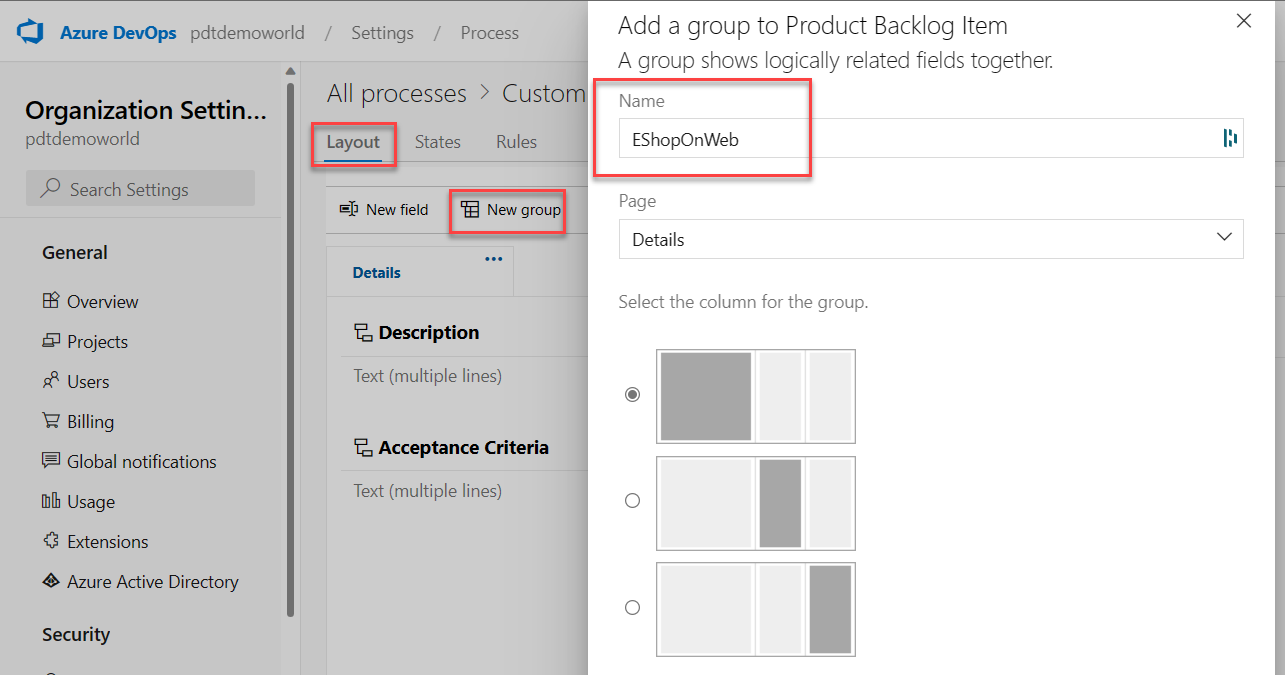 On the "Add a field to Product Backlog Item" panel, on the "Layout" tab make sure the information has been included and click "Add Field"
