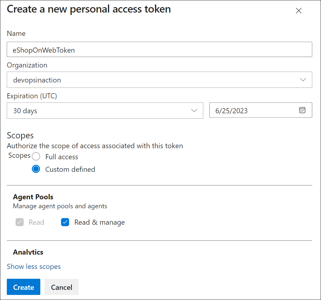 Screenshot showing the personal access token configuration.