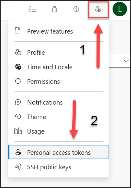 Screenshot showing the personal access tokens menu.