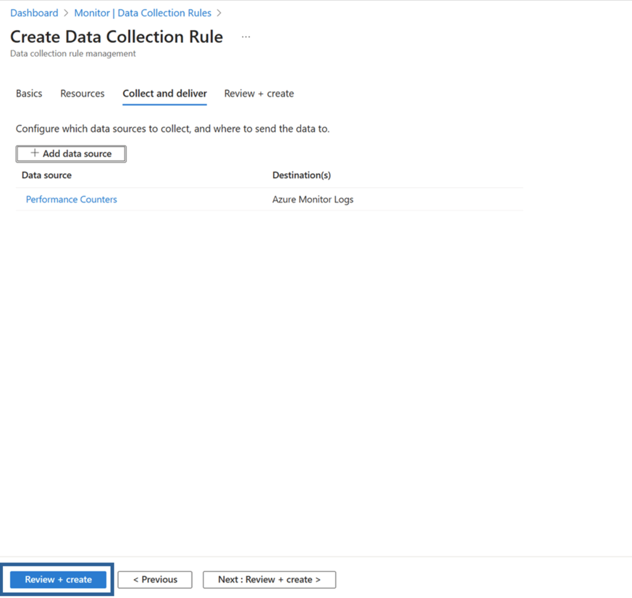 Screen capture of the Add a Data Source page on the Data Collction Rule page.