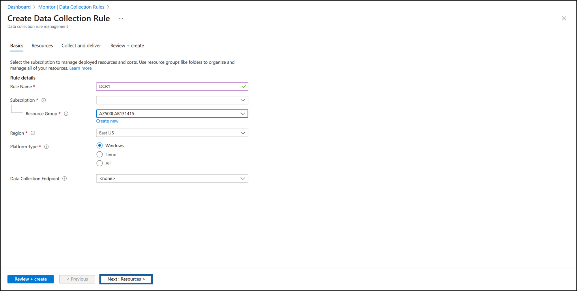 Screen capture of the Create Data Collection Rule basics tab.