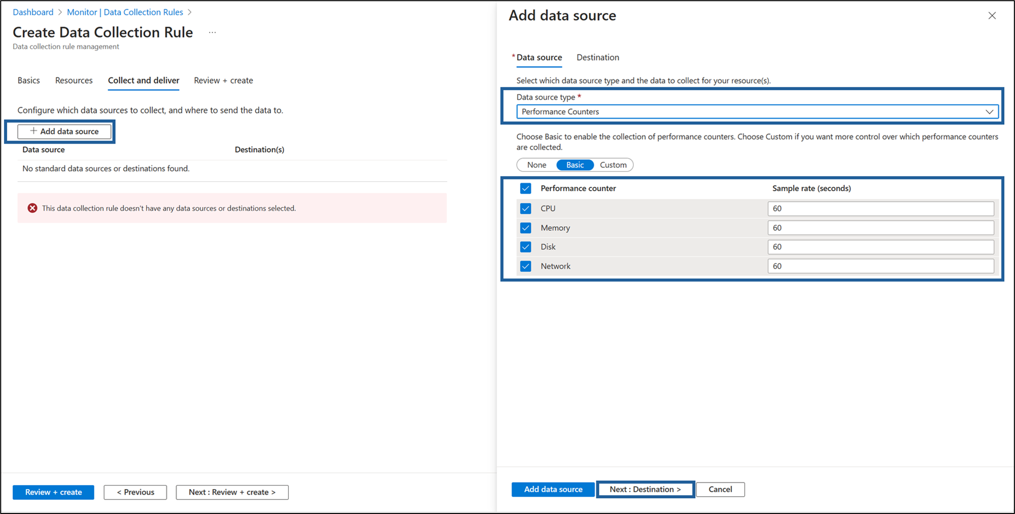 Screen capture of the Collect and Deliver tab of the Data Collection Rule.
