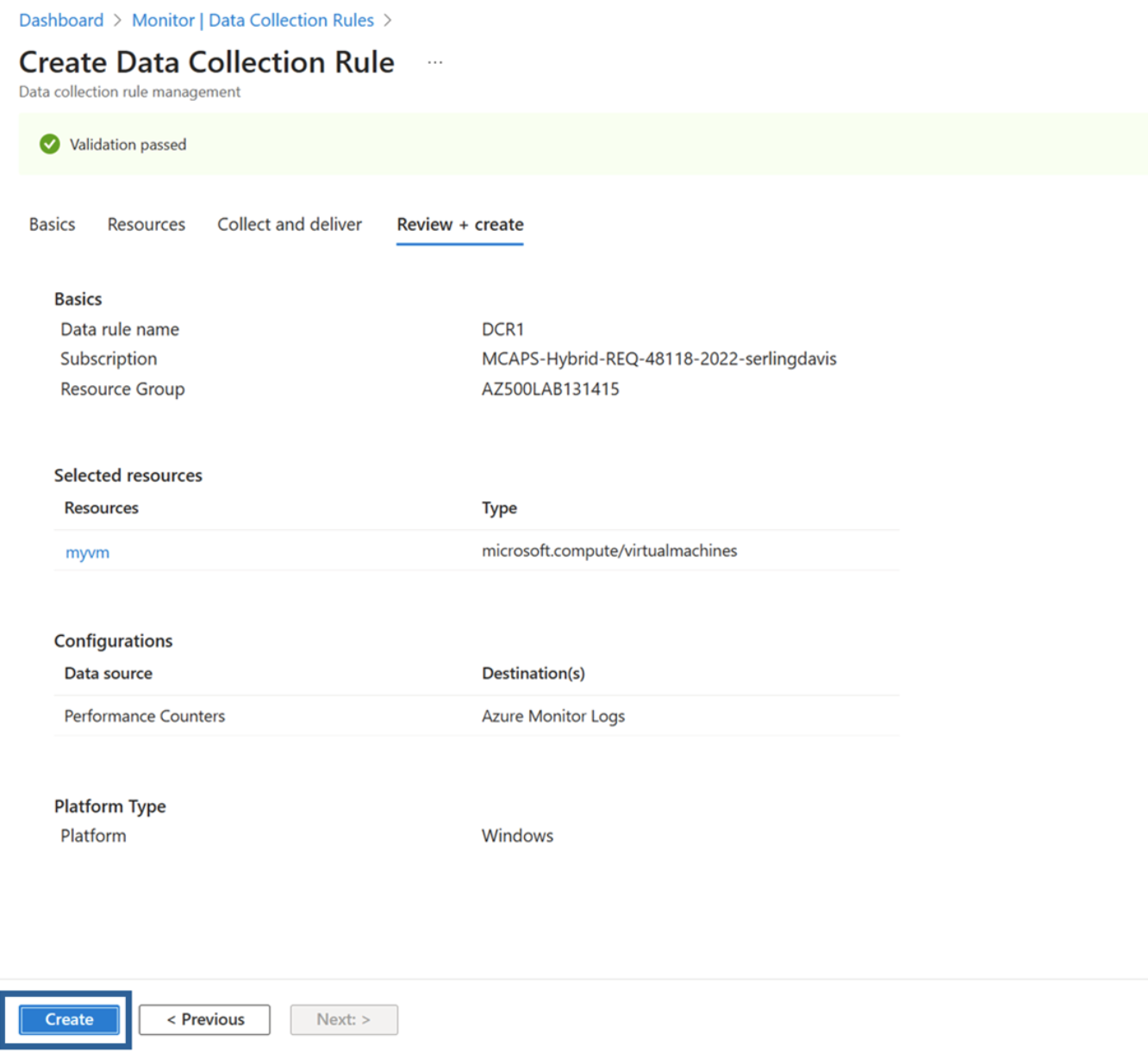 Screen capture of the Review + Create tab of the Data Collection Rule wizard.