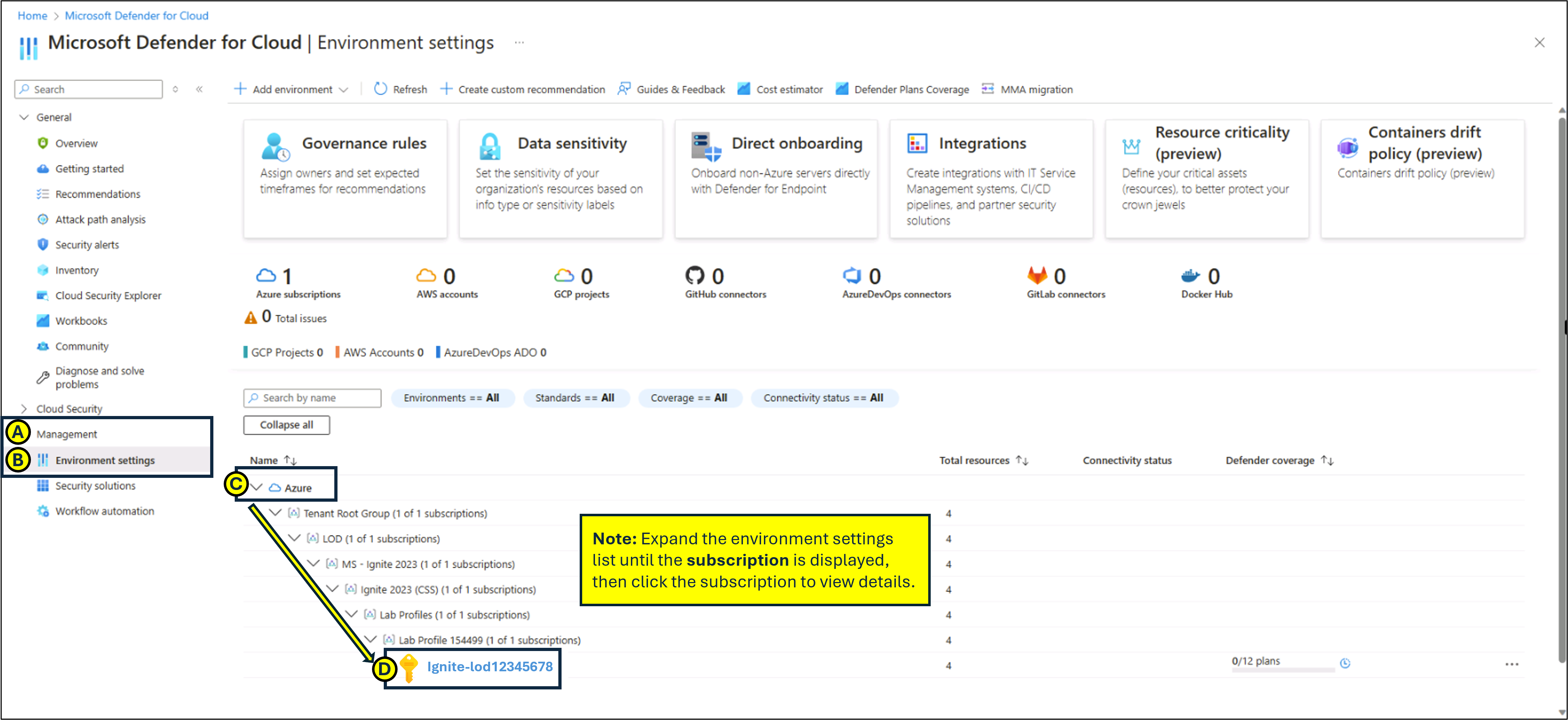 Screen capture of the Environment Settings of Microsoft Defender for Cloud
