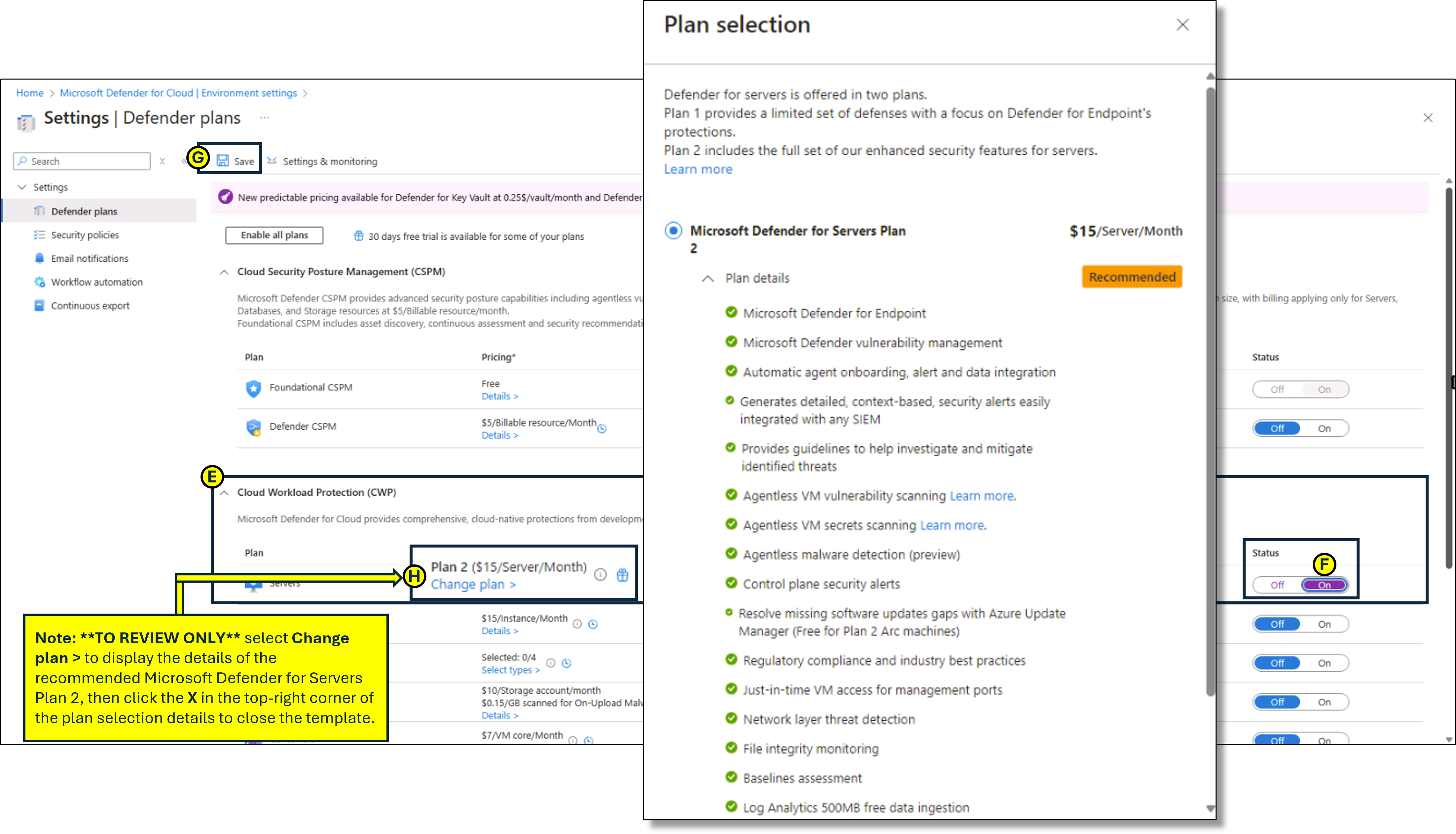 Screen capture of the Microsoft Defender for Cloud plan selection page.