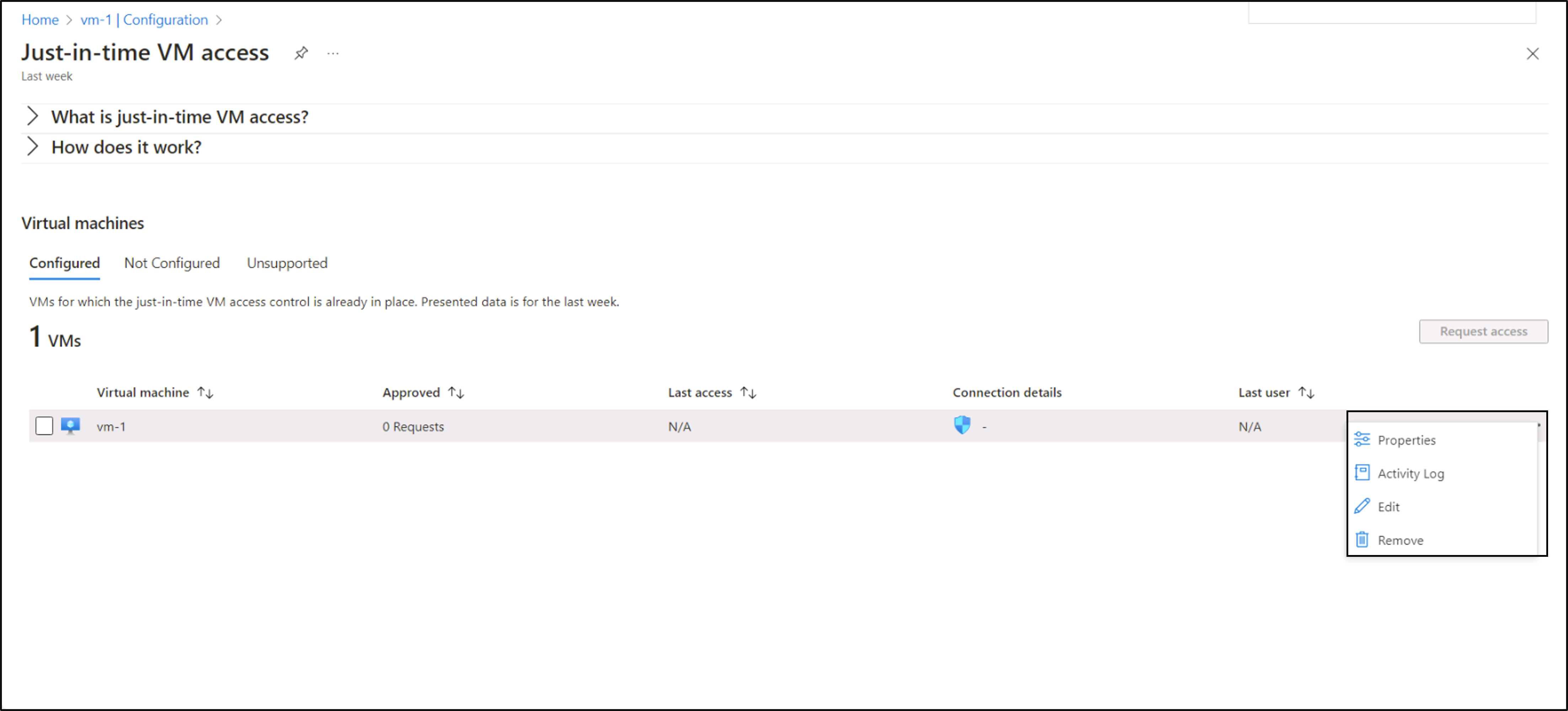 Screen capture of the just-in-time access for vm configuration screen.