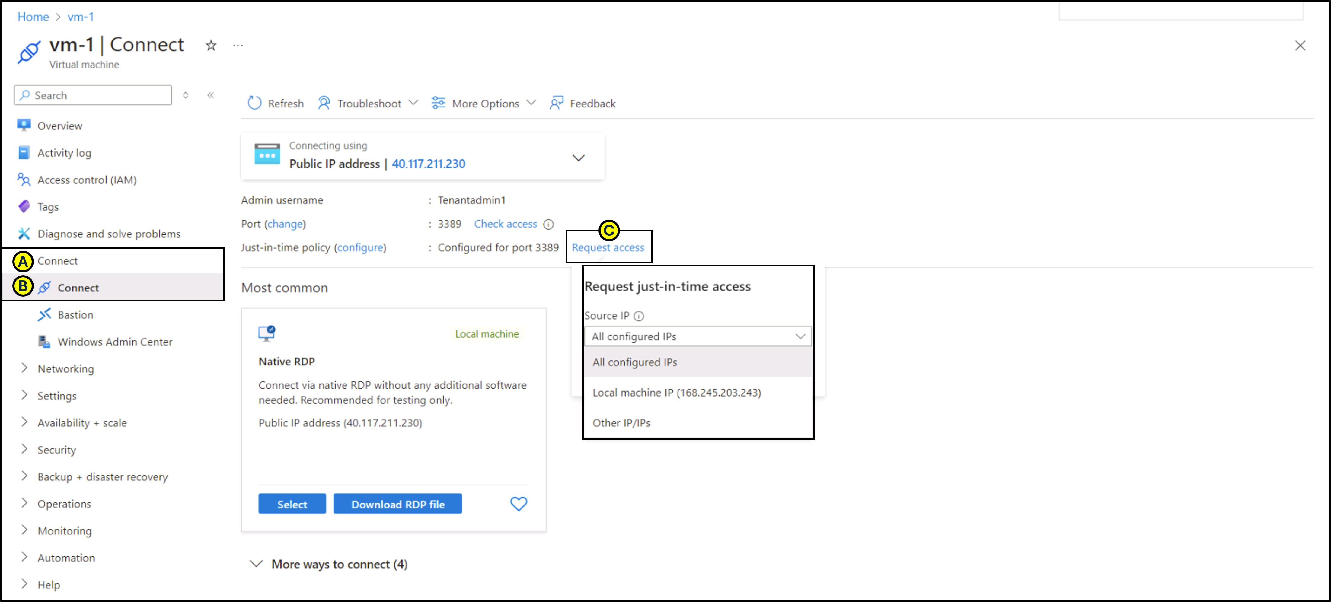 Screen capture of the Connect to a Virtual Machine using JIT.