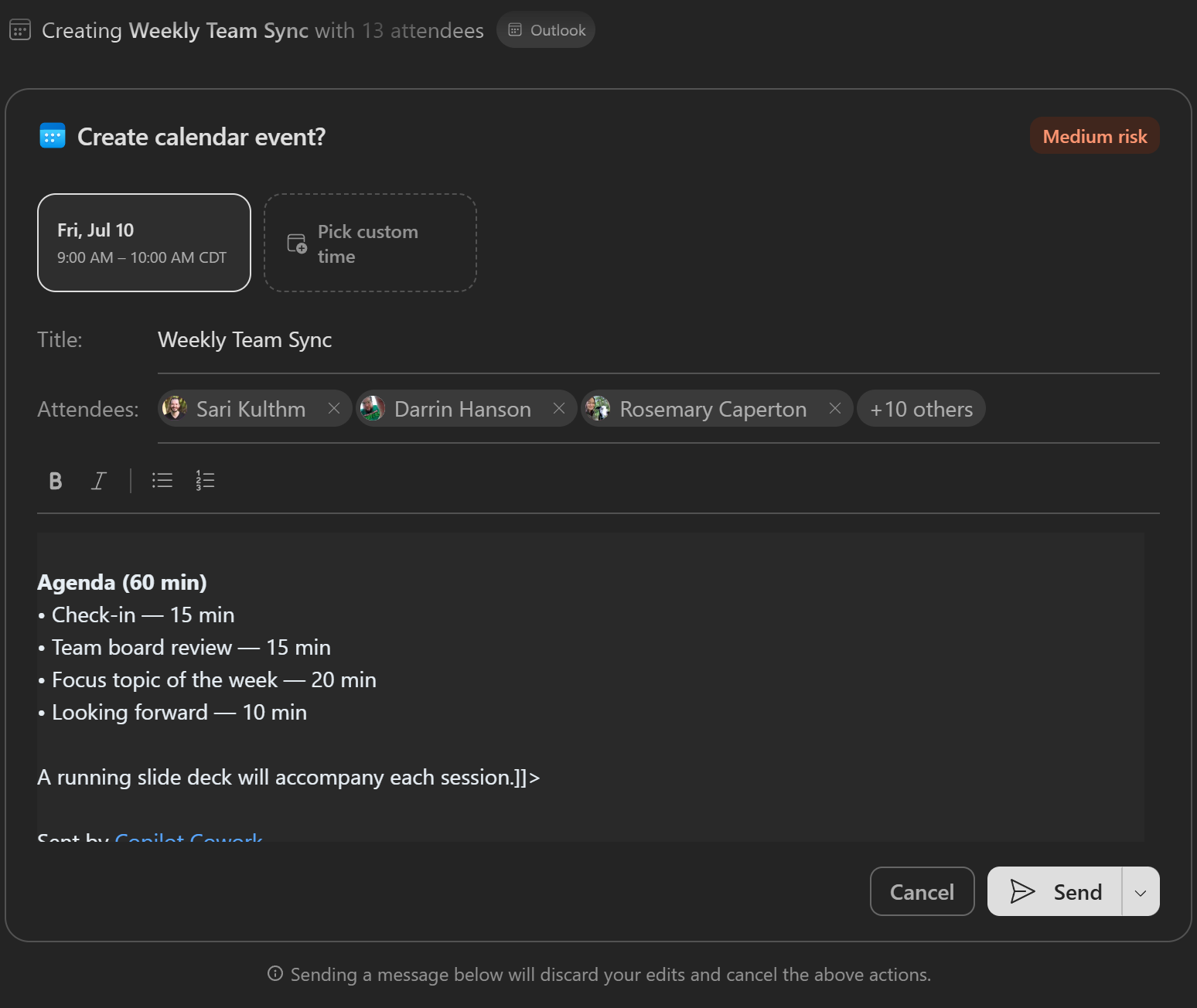 Cowork showing the calendar event approval with attendees and agenda