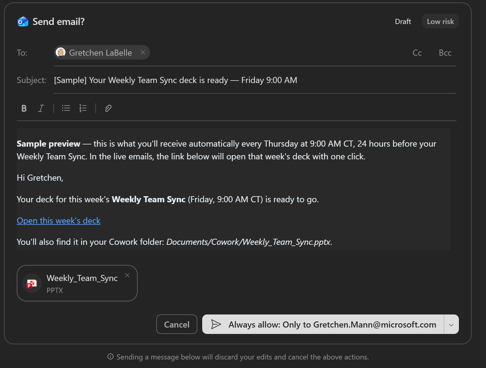 Cowork showing the email send approval dialog