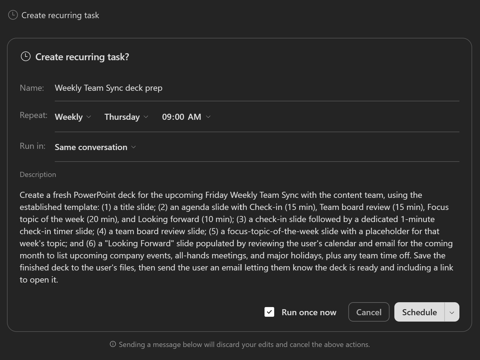 Cowork showing the recurring task scheduling dialog