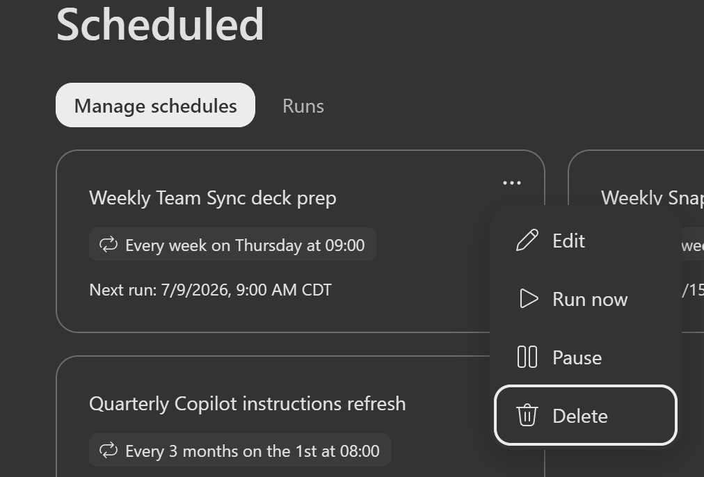 Cowork Scheduled view showing the delete option