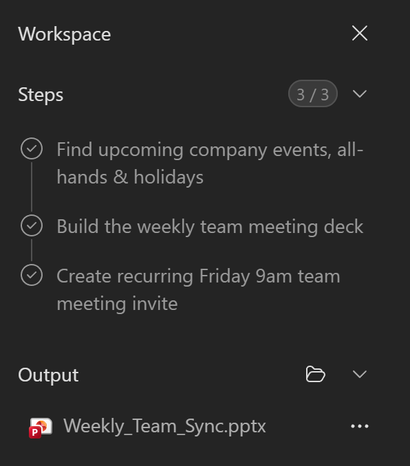 Cowork showing steps, outputs, references, and skills used