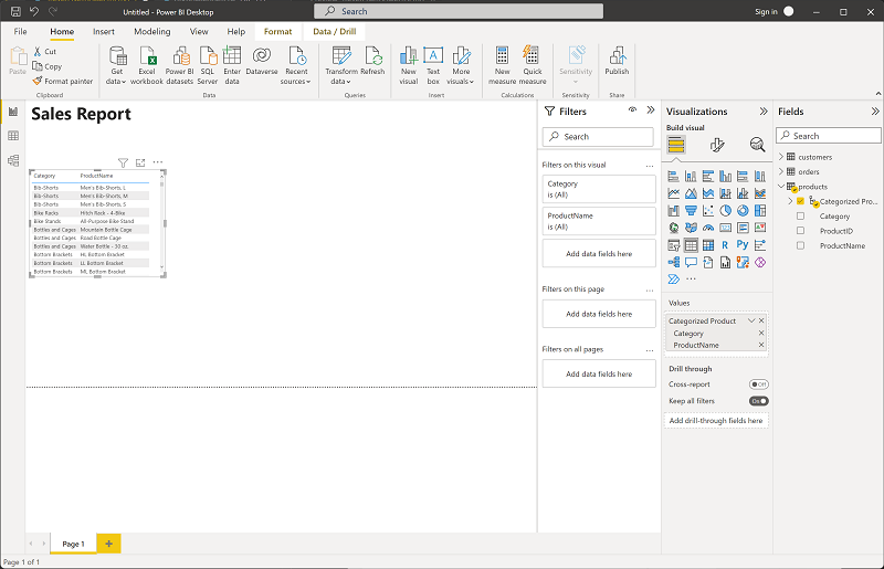 لقطة شاشة توضح كيفية إضافة جدول "categorized products" إلى تقرير في Power BI.