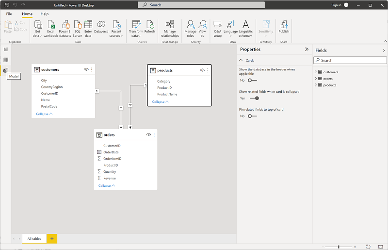 لقطة شاشة تعرض علامة التبويب "Model" في Power BI.