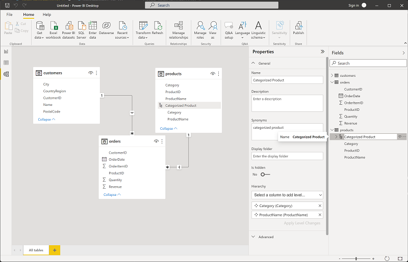 لقطة شاشة توضح كيفية إعادة تسمية التسلسل الهرمي في Power BI.