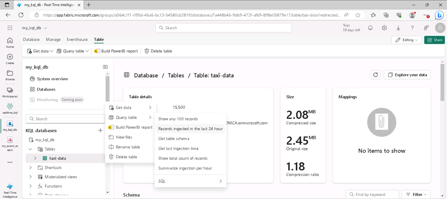 Screenshot: Menü „Abfragetabelle“ in einer KQL-Datenbank.