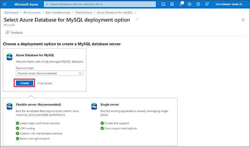 Screenshot: Bereitstellungsoptionen für Azure Database for MySQL