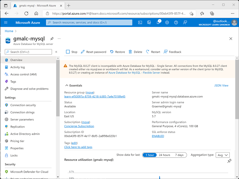 Screenshot: Azure-Portal mit der Seite „Azure Database for MySQL“