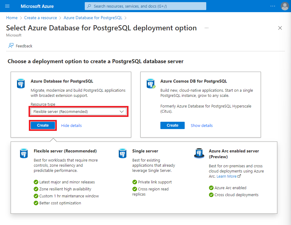 Screenshot: Bereitstellungsoptionen für Azure Database for PostgreSQL